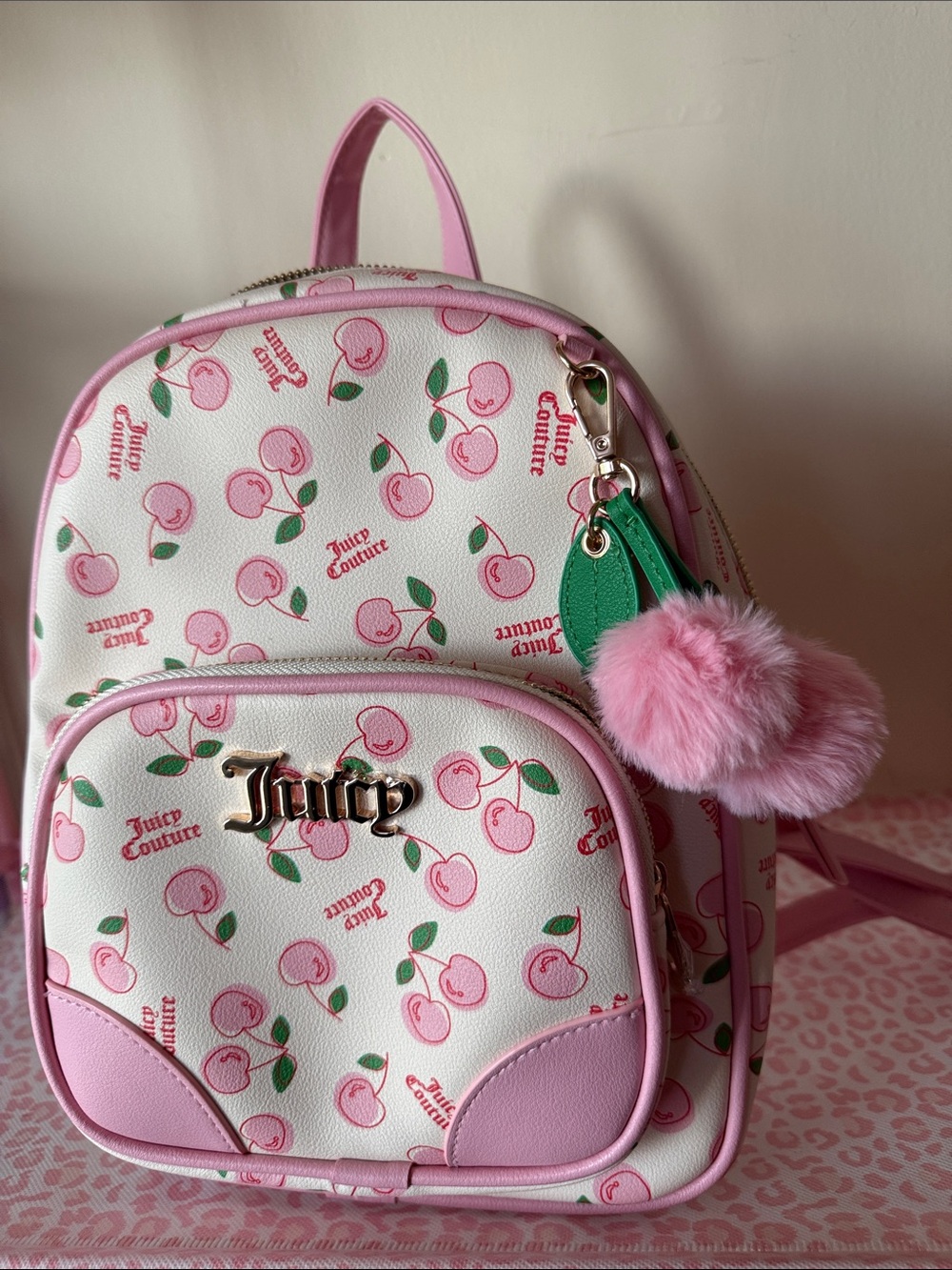 Juicy Couture Pink Cherry Print Kids Mini Backpack with Pom Charm